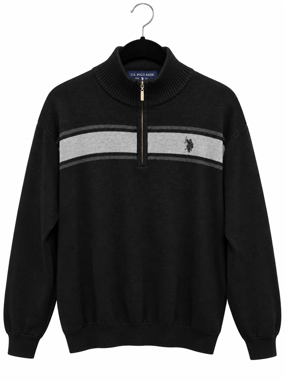 U.S. Polo Assn. Black Half-Zip Sweater with Gray Chest Stripe